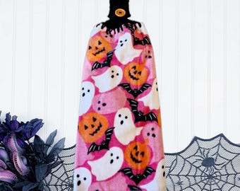 Double Kitchen Towel, Soft Halloween Ghost pumpkins and bags crocheted top towel