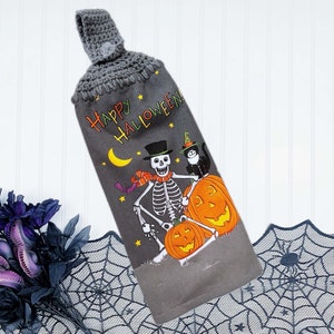Halloween crochet top kitchen towels, Hanging Dish Towela with Skeleton