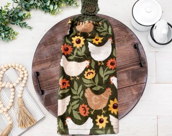 Crocheted Hanging Kitchen Towel, Farmhouse Chicken Sunflower Design