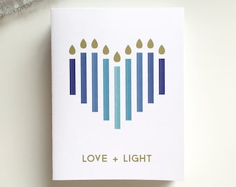 Amour + lumière - Menorah coeur, moderne, beau, Hanoucca, carte de Hanoucca