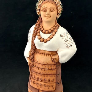 Pristine 8.5" Ukrainian Folk Art Figurine | Hand-Painted Terracotta Maiden in Traditional Dress | Vintage Slavic Red Clay Sculpture