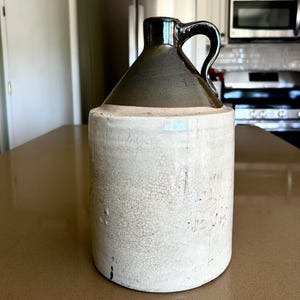 Antique 1 Gallon Whiskey Moonshine Stoneware Jug – 1800s Rustic Crock – Two-Tone Glaze – Americana Decor – Farmhouse Primitive