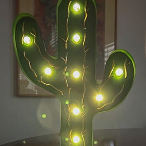 Vintage, Whimsical 14&quot; Metal Cactus Lamp with 9 Bulbs – Indoor Outdoor Green Light-Up Décor for Parties, Holidays, or Fun Home Accent