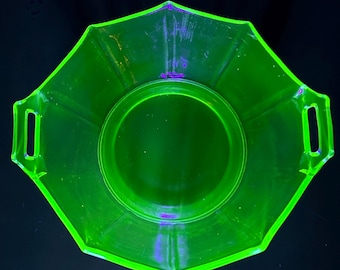 Vintage Uranium Glass Bowl • 9” Octagon Dish with Handles, Green Glow