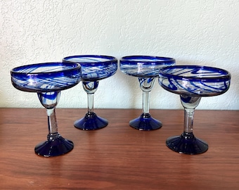 Set of 4 Recycled New Cobalt Blue Swirl Hand Blown Mexican Margarita Glasses – Eco-Friendly, Artisan Crafted