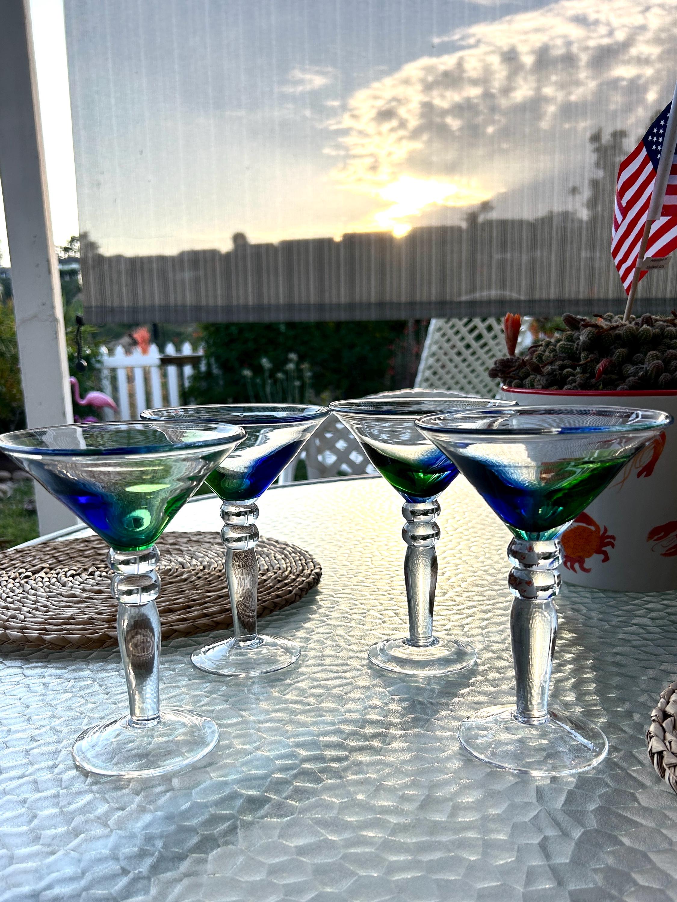 Hand Blown Martini Glasses Set of 4 | Blue Green Art Glass Barware | Unique Cocktail Glasses | Artisan Heavy Stemware