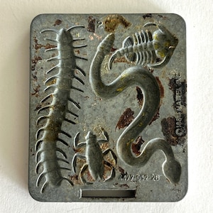May include: Vintage metal mold featuring insect and reptile designs. The mold includes a centipede, a snake, a trilobite, and a beetle. The mold is rectangular with a weathered, aged appearance, and the text "©1964 MATTEL INC." is visible.