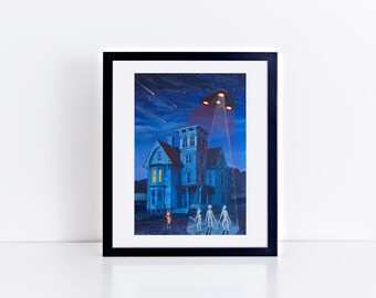 UFO art print, ufo abduction, alien abduction aliens space ship aliens farmhouse night time ufo, surrealism art fun boy room decor alien art