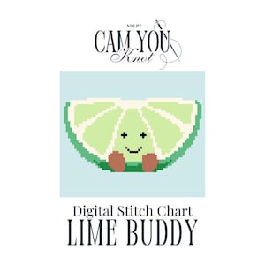 Könnte beinhalten: Ein digitales Stichmuster mit einem pixeligen Limettenscheiben-Charakter mit lächelndem Gesicht und braunen Armen. Der Text "CAM YOU Knot" steht oben und "LIME BUDDY" unten, alles auf hellblauem Hintergrund.