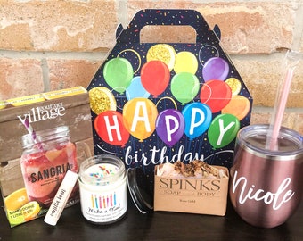 Birthday Gift Box | Personalized happy birthday gift box for her with wine tumbler, custom birthday box for best friend