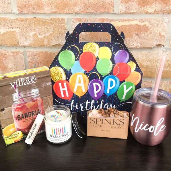 Birthday Gift Box | Personalized happy birthday gift box for her with wine tumbler, custom birthday box for best friend