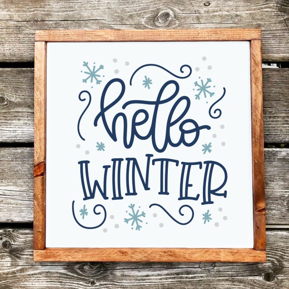 Hello Winter Framed Wood Sign Blue and white Christmas | Etsy
