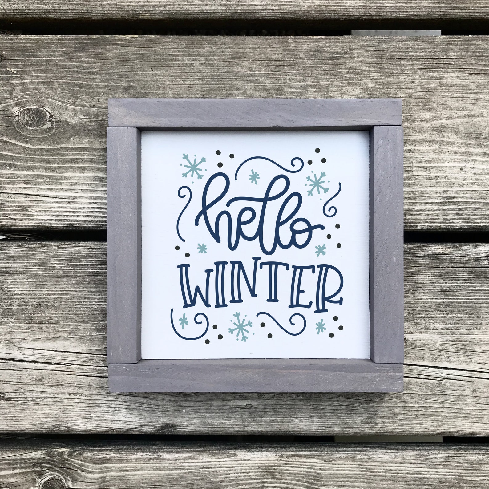 Hello Winter Framed Wood Sign Blue and White Christmas - Etsy