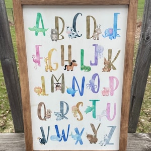 Alfabeto animal - Letrero de madera de acuarela / Letrero de sala de juegos para niños, Decoración de vivero de animales, Arte de pared del dormitorio para niños, Póster del alfabeto