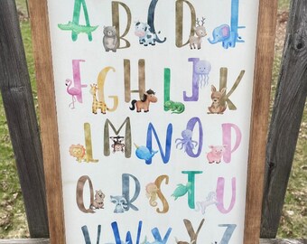 Animal Alphabet - Watercolor wood sign | Kids playroom sign, Animal nursery décor, Kids bedroom wall art, Alphabet poster
