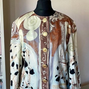 Vintage 80s/90s Louis Féraud Cotton Astrology and Art Print Long Blazer