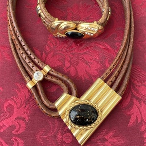 Vintage 80s Metal and Leather Chocker Necklace and Bracelet Bangle Set, Jewellery Made in Italy