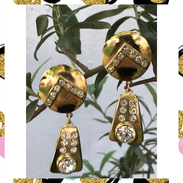 vintage 80s Designer italien Rita Frascione Gold Metal et Strass Signed Clip On Boucles d'oreilles