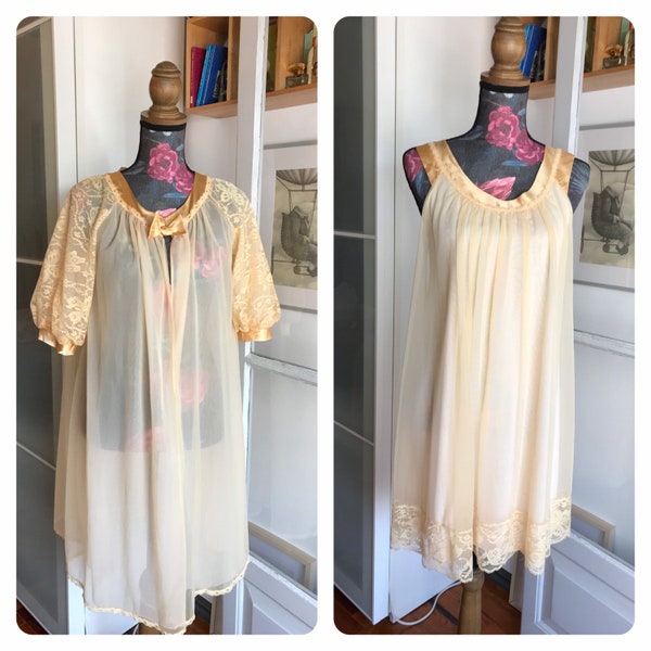 Vintage 60s Vanity Fair Yellow Double Nylon Peignoir Set/Vanity Fair Sheer Nightgown and Robe Set Negligee Peignoir/Lingerie Made in USA