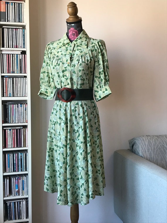 Vintage 80s does 40s Green Fit and Flare Dress by… - image 2