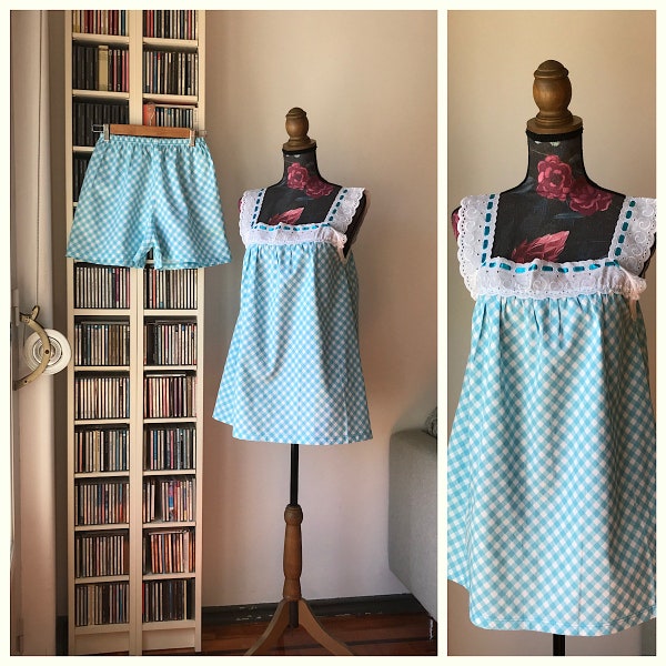 Vintage 60s/70s Plaid White and Blue Babydoll and Panties Pajama Set