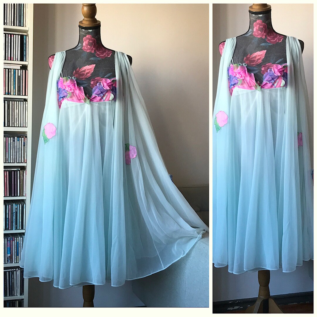 SAKS FIFTH AVENUE, vintage 1950s peignoir set, sheer white bridal nightgown slip dress and dressing gown
