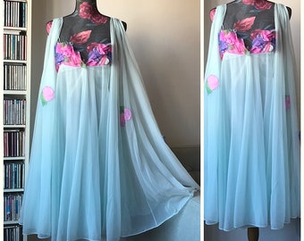 Vintage 60s Saks Fifth Avenue Blue Menta Double Nylon Peignoir Set with Flowers Appliqué /Nightgown and Sheer Robe Set/Lingerie Made in USA