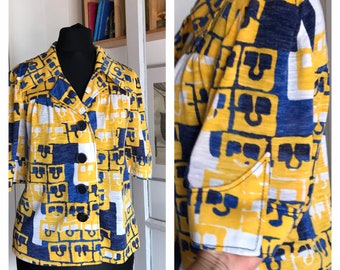 Vintage 70er Jahre Geometrisches Muster Jersey Kurzarm Hemd