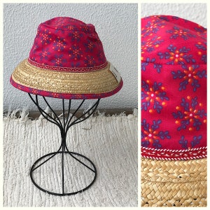 Vintage 60s Dead Stock French Kids Straw and Fabric Summer Hat Bonnet//Vintage Child&#39;s Straw Hat//Girls Straw Hat 2/3Y
