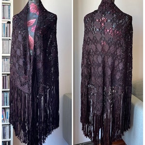 Vintage bruine macramé lint kanten sjaal handgeknoopte omslagdoek met grote franjes afbeelding 1