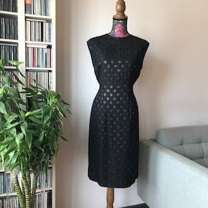 Vintage 1960s Black Sleeveless Polka Dot Pattern Midi Dress/Elegant Cocktail Dress/Evening Dress