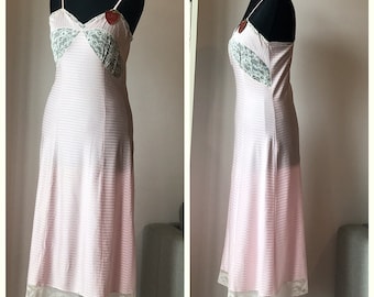 Vintage 50s/60s Deadstock Bias Cut Pale Pink Nylon and Lace Slip Dress Made in Spain