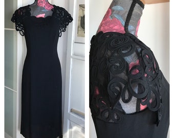 Vintage 90s Frank Usher Black Sheer Back Cocktail/Party Dress; Made in Great Britain