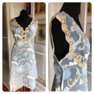 Vintage 70s Sheer Floral Nightgown with Scalloped Ecru Lace Appliqué