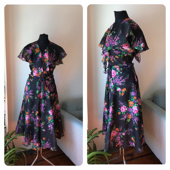 Vintage 70s Sleeveless Floral Chiffon Dress with … - image 1