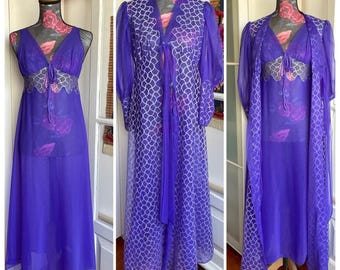Rare 60s/70s Purple 2 Piece Nylon & Tulle Peignoir Set, Robe and Nightgown; Purple Negligee; Boudoir Lingerie; Vintage Lingerie