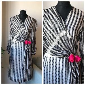 Vintage 80s Black and White Organza Striped Cocktail/Party Dress with Roses Appliqué