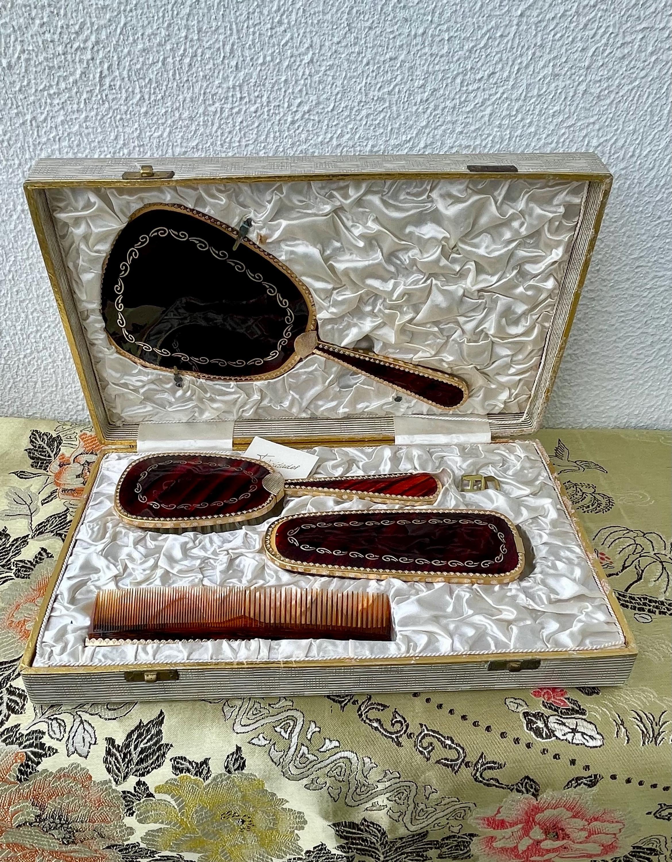 Vintage 50s/60s Vanity 4 Pc Set; Boxed Dressing Table Set
