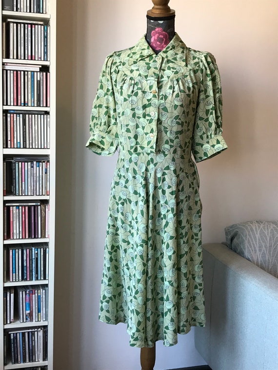 Vintage 80s does 40s Green Fit and Flare Dress by… - image 6