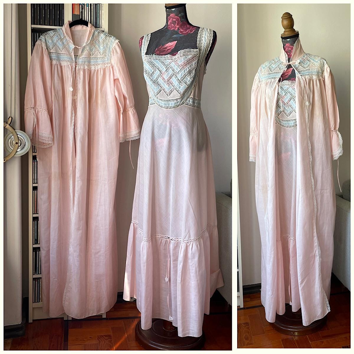 Rare Vintage 40s/50s Pink Peignoir & Nightgown Set, Dress with Matching Robe; Peignoir Loungewear Set;  Bridal Lingerie; Old Hollywood Glam