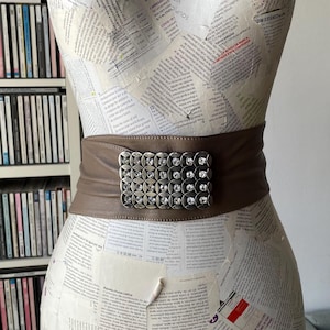 Vintage Taupe Leather Wide Belt/Rhinestone Buckle/Adjustable Waist Cincher/Statement Belt/Glam Rock Style