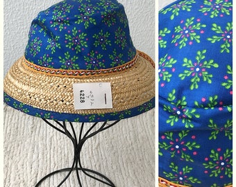 Vintage 60s Dead Stock French Kids Straw and Fabric Summer Hat Bonnet//Vintage Child's Straw Hat//Girls Straw Hat 4/5Y