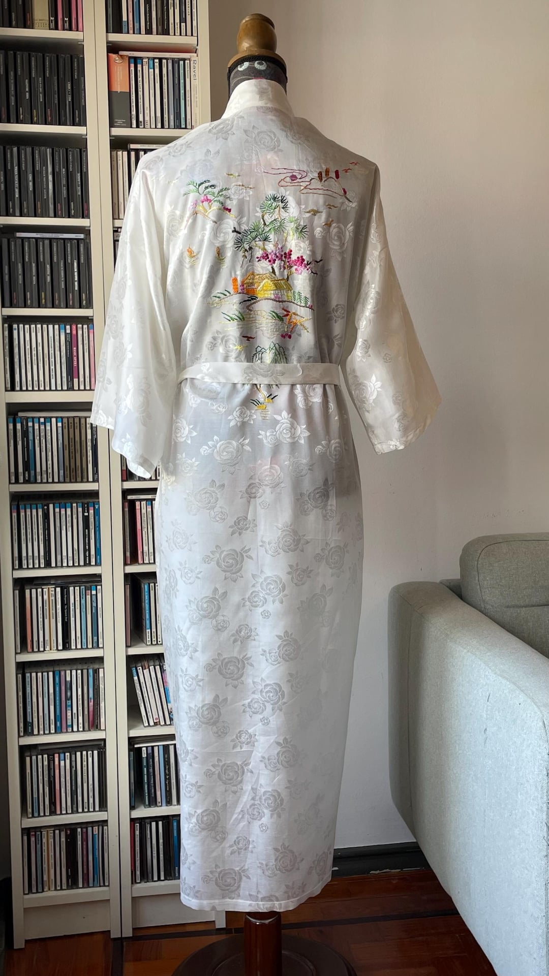 Retro White Robe Vintage 70s/80s Deadstock White Rayon Hand Embroidered Chinese Robe by ...