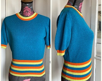 Vintage 70s Blue Short Sleeve Knitted Blouse