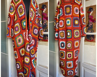 Vintage Granny Square Crochet Long Jacket, Boho Jacket, One Size