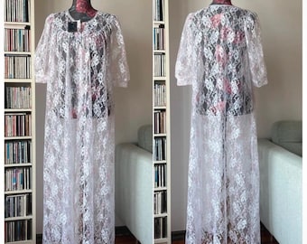 Vintage 70s/80s Deadstock White and Pink Sheer Lace Robe/Vintage Boudoir Lingerie/Made in Spain