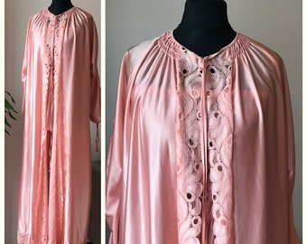 Vintage 70s Dry Rose Peignoir Set/ 70s Boudoir Lingerie, Fancy Dressing Gown and Night Jumpsuit Made in Portugal by Caron