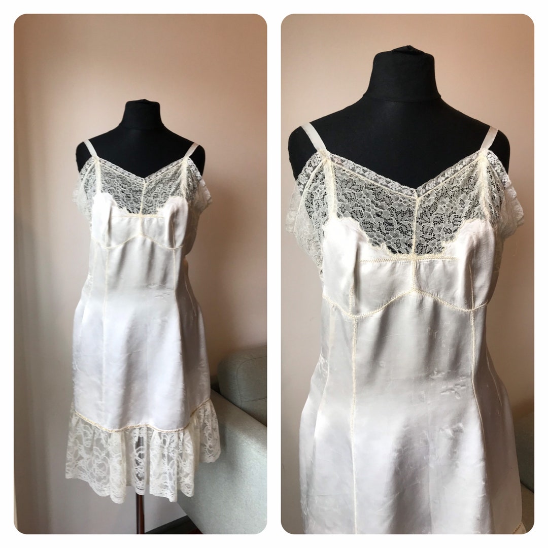 1950s Vanity Fair Lace Slip Dress | Ivory Satin & Lace Nightgown (L/XL) main image 0