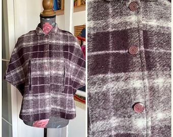 Vintage 50s/60s Burgundy Shadow Plaid Wool Small Cape