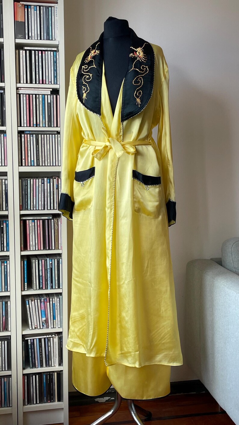 Yellow Silk Robe Vintage 40s/50s Canary Yellow Rayon 4 Pc Pajama Set With Embroidery and ...